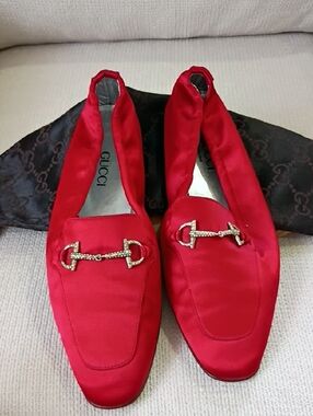 Gucci Red Satin Loafers with Gold Horsebit